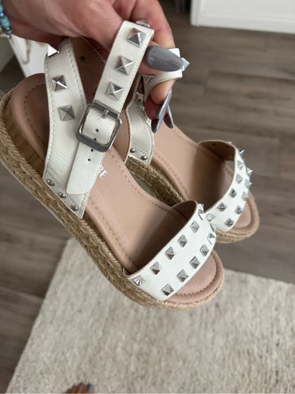 Silver-Studded White Espadrille Wedge Sandals